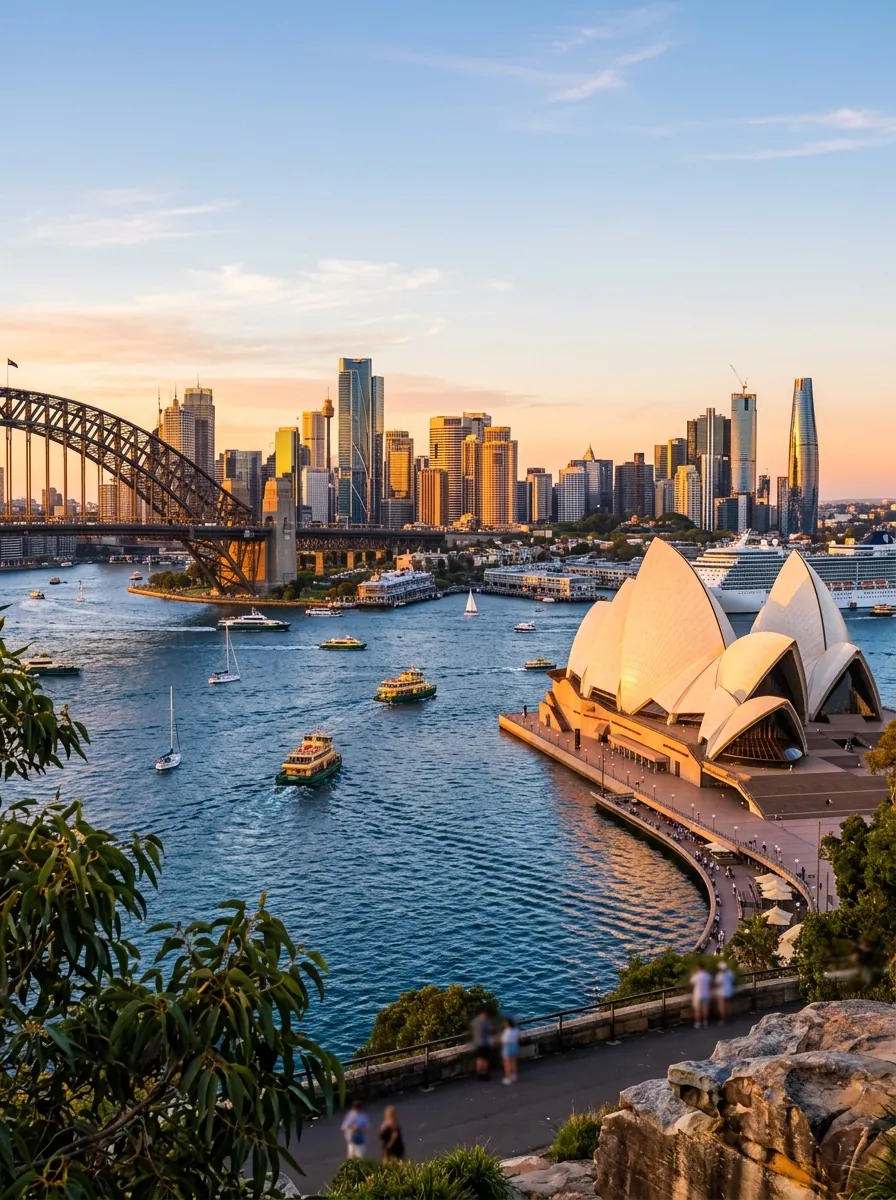 Sydney harbour and skyline at sunset