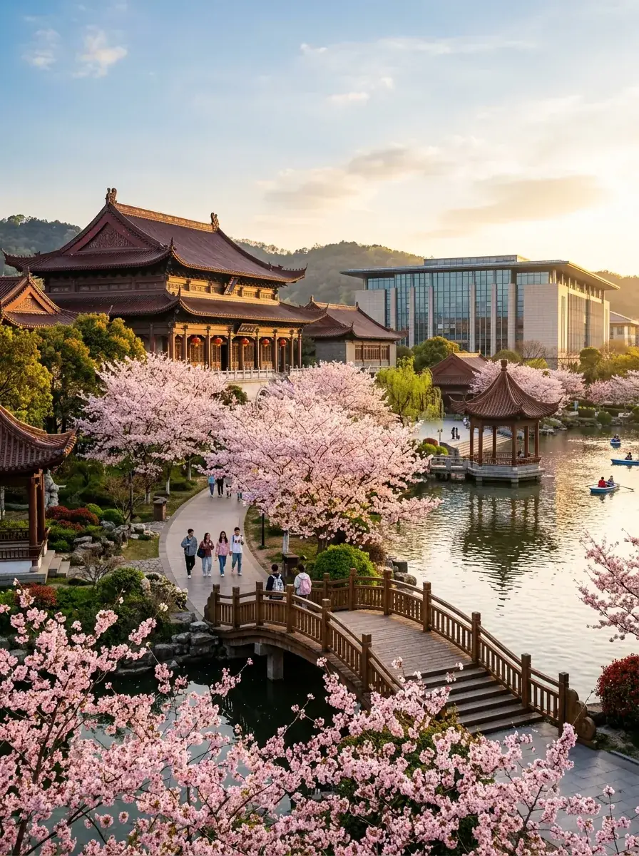 Beautiful Chinese university campus with traditional architecture