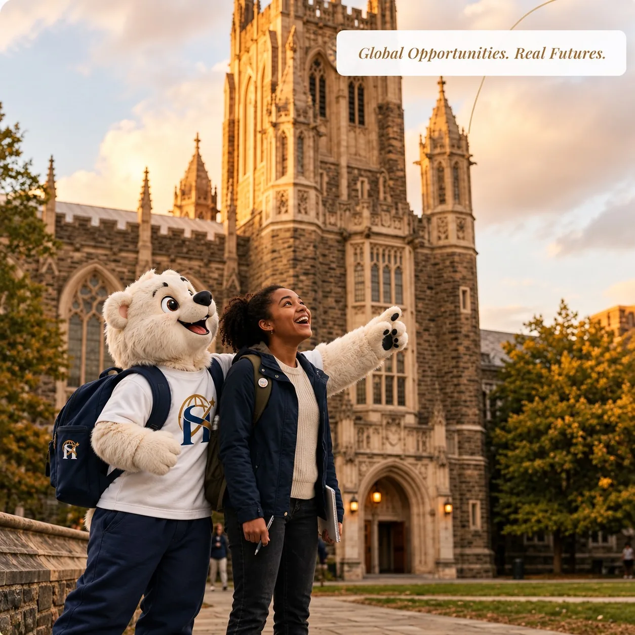 A student and the Study House polar bear mascot pointing up at a gothic university building at sunset. Global Opportunities. Real Futures.