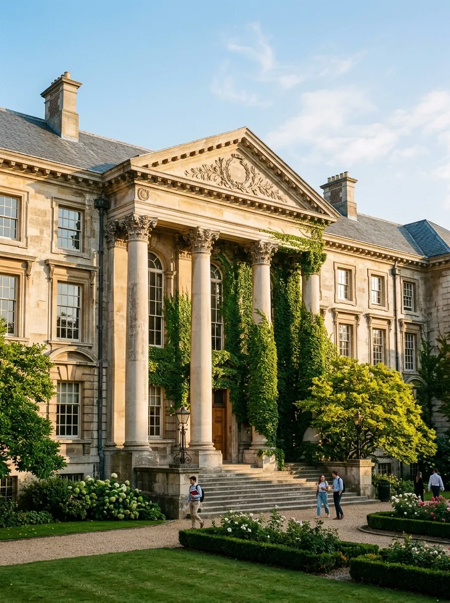 Elegant university building with columns and ivy